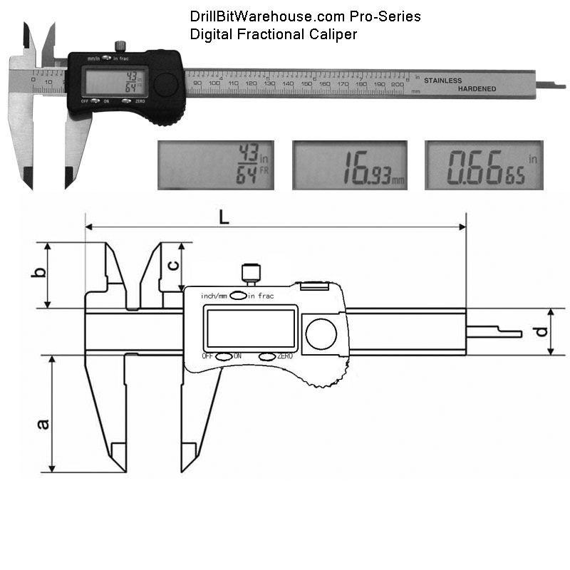 Caliper Bit Map DBW NEW ELECTRONIC DIGITAL CALIPER With FRACTIONS - Drill Bit Warehouse