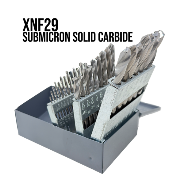 29 piece submicron C-2 solid carbide jobber length drill bit set for steel cast iron and non-ferrous materials USA made