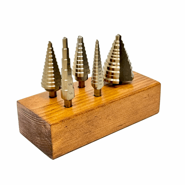 Predator Straight-Flute Step Drill Bit Set – 5 Pc with Hand-Built Wood Block Holder
