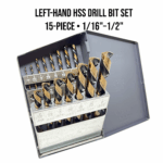 13-piece left-hand HSS drill bit set in steel index, sizes 1/16″ to 1/2″