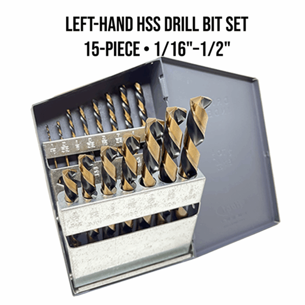 13-piece left-hand HSS drill bit set in steel index, sizes 1/16″ to 1/2″
