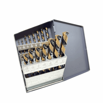 Left-hand HSS drill bit set with metal index, 15-piece set sizes 1/16″ to 1/2″