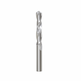 Solid micrograin carbide drill bit with split point tip on white background