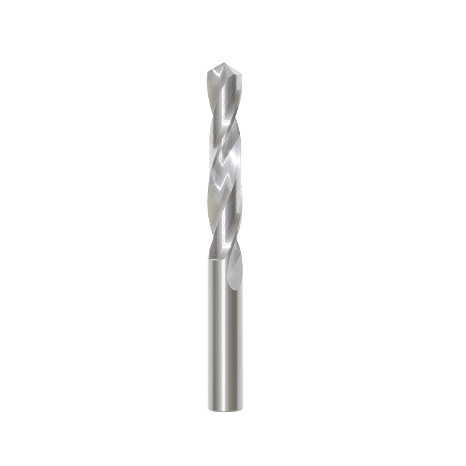 Solid micrograin carbide drill bit with split point tip on white background