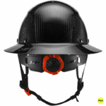Black carbon-fiber hard hat with full-brim design, orange ratcheting suspension knob, and chin strap