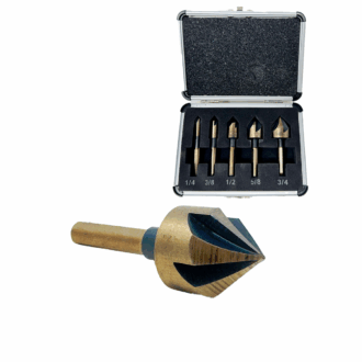 5-piece HSS 82° countersink bit set in aluminum case – sizes 1/4" to 3/4"