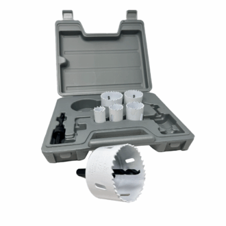 Professional Electrician’s Hole Saw Kit with six bi-metal hole saws, two arbors, and spare pilot bit in molded case.