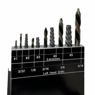 Trident 10-piece left-hand drill and spiral screw extractor set in steel index, showing stepped-point drills and matching extractors.