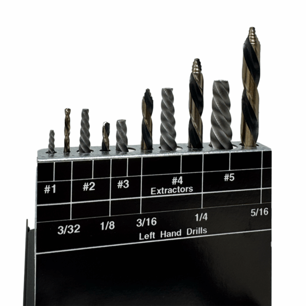 Trident 10-piece left-hand drill and spiral screw extractor set in steel index, showing stepped-point drills and matching extractors.
