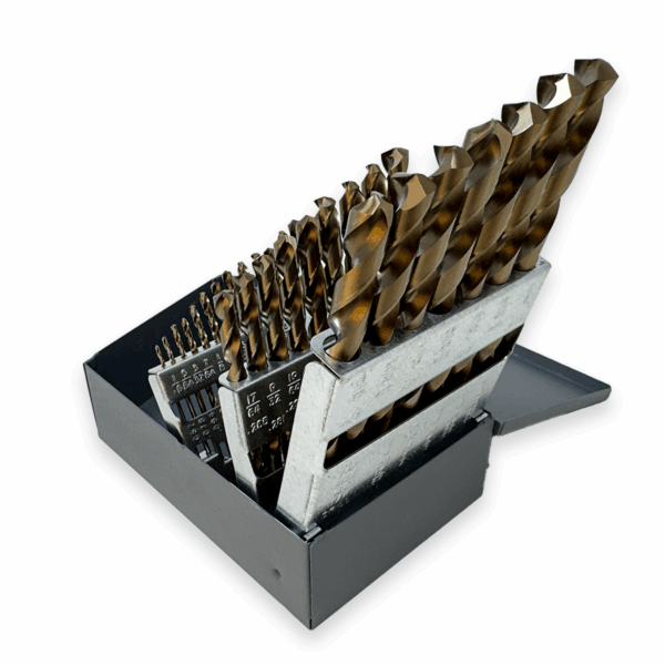 29-piece M42 Cobalt Jobber Drill Bit Set in steel index case, USA-made high-speed cobalt drill bits for hard metals.