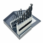 15-piece parabolic drill bit set with black oxide finish in steel index, sizes 1/16 to 1/2 inch.