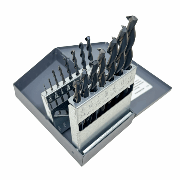 15-piece parabolic drill bit set with black oxide finish in steel index, sizes 1/16 to 1/2 inch.
