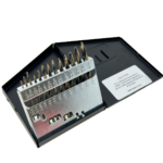 Trident 13 piece mechanic length black and gold stepped point drill bit set in steel case made in USA