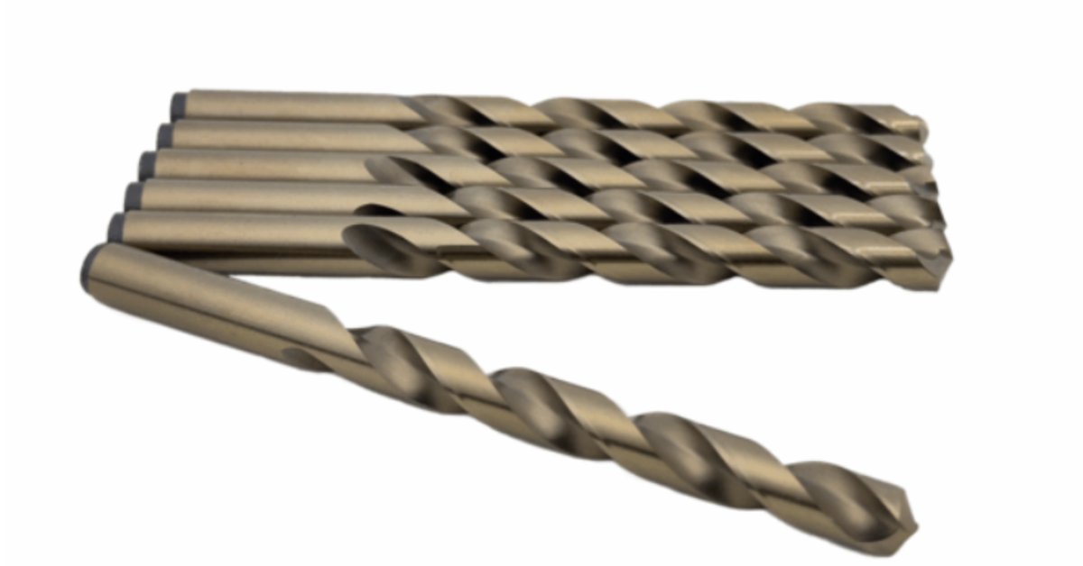 Set of M42 cobalt twist drill bits arranged in a fan pattern, showcasing multiple sizes on a white background.