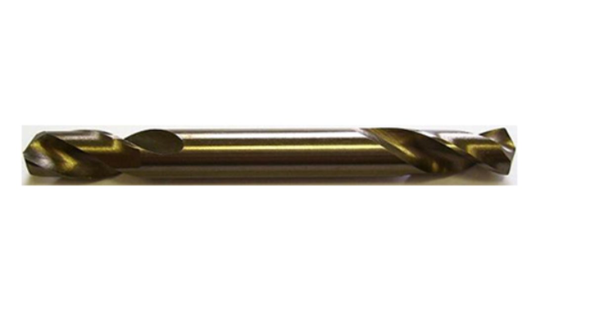 Double-ended drill bit with cutting tips on both ends and a gold-colored finish, isolated on a white background.