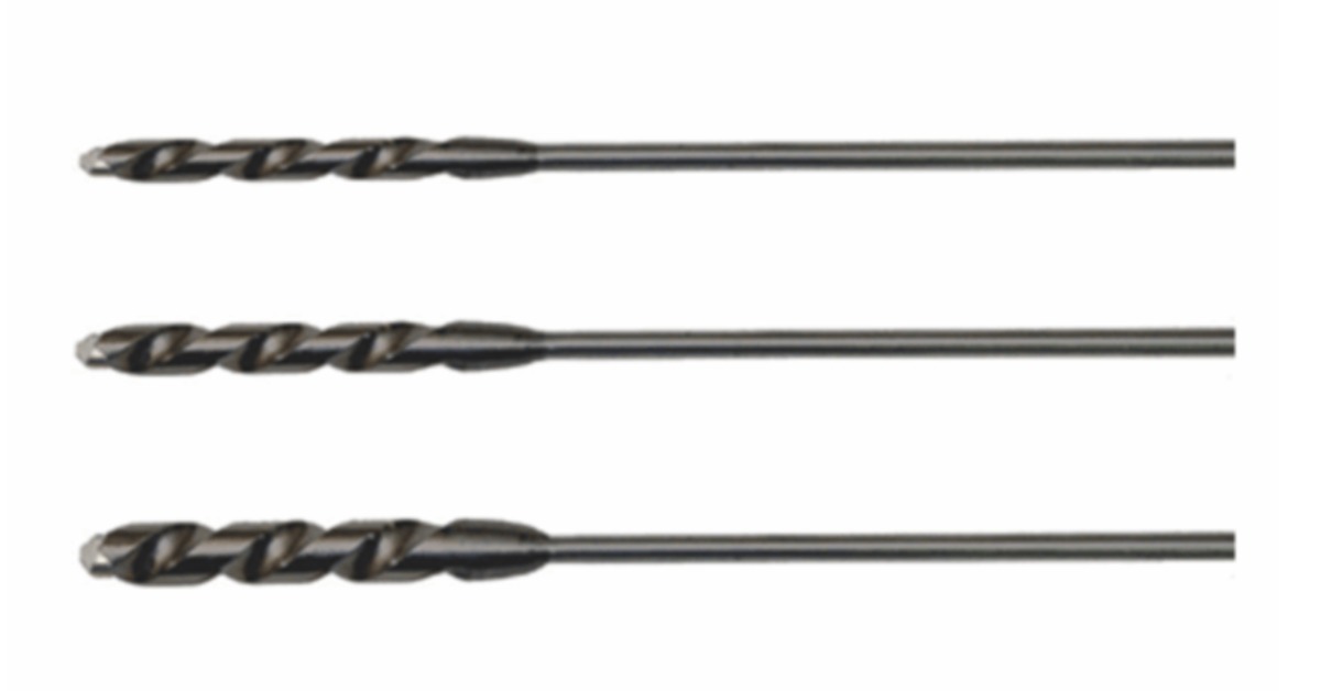 Three slim black twist drill bits are shown horizontally on a white background with cutting tips aligned left.