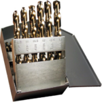 Open metal case holding six gold-colored twist drill bits in a labeled rack, displayed against a white background.