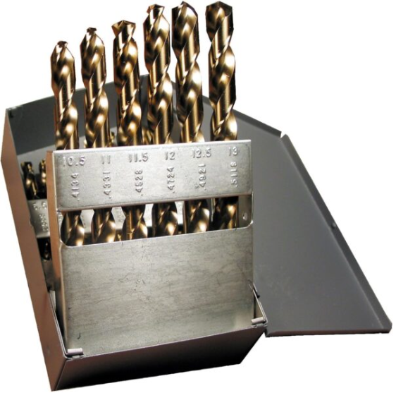 Open metal case holding six gold-colored twist drill bits in a labeled rack, displayed against a white background.