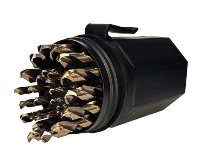 Assorted twist drill bits are stored inside a black cylindrical case, with the bit tips facing outward for display.