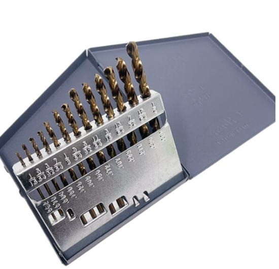Open metal drill-bit index displaying assorted twist drill bits in labeled size slots, with the blue lid folded back.