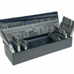 Gray case holding a tap and die set with labeled size chart and neatly arranged threading tools inside.