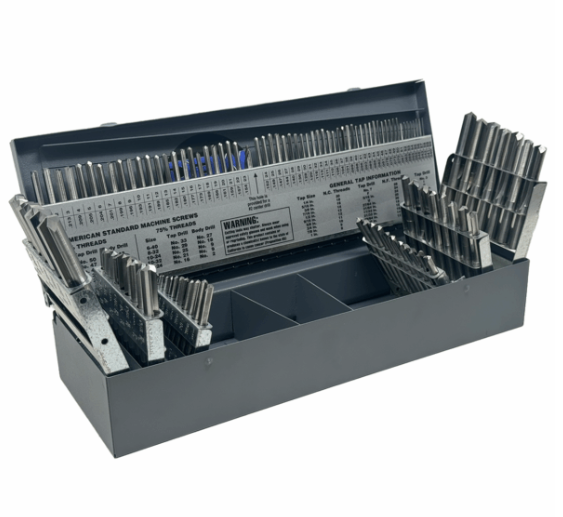 Gray case holding a tap and die set with labeled size chart and neatly arranged threading tools inside.