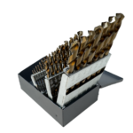 Graduated set of gold-colored twist drill bits stands upright in a metal index case, arranged from small to large.