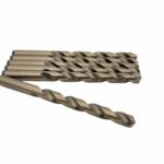 Gold-colored metal drill bit with spiral flutes and a pointed cutting tip displayed on a plain white background.