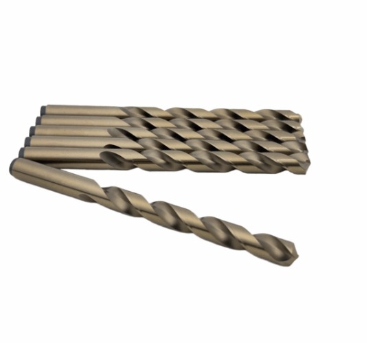 Gold-colored metal drill bit with spiral flutes and a pointed cutting tip displayed on a plain white background.