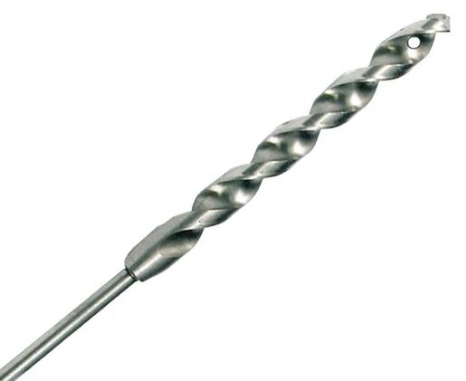 Single dark metal twist drill bit with deep spiral flutes, accompanied by a close-up detail on a white background.