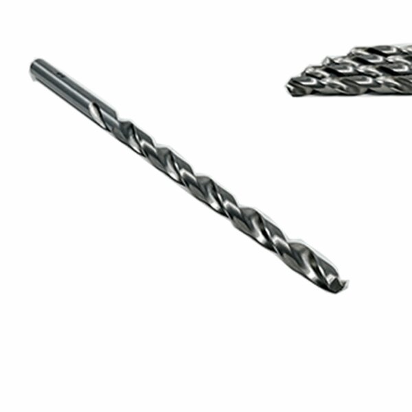 Long silver twist drill bit with a spiral cutting shaft and pointed tip, shown diagonally on a plain white background.