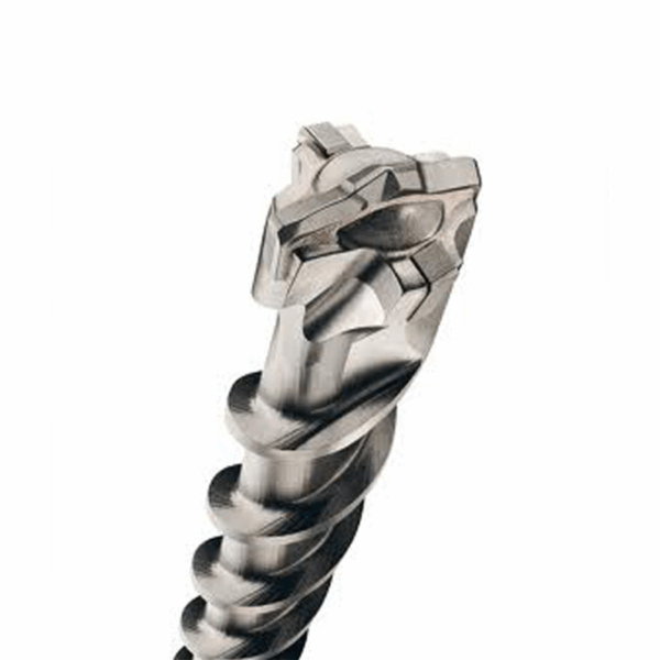 Silver masonry drill bit features deep spiral grooves and a shaped cutting head, shown in close-up on a white background.