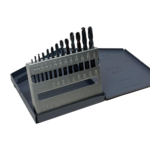 13pc USA made HSS stubby drill bit set in metal index case with tilt-up stand and stamped sizes