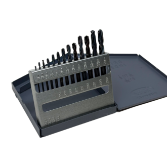13pc USA made HSS stubby drill bit set in metal index case with tilt-up stand and stamped sizes
